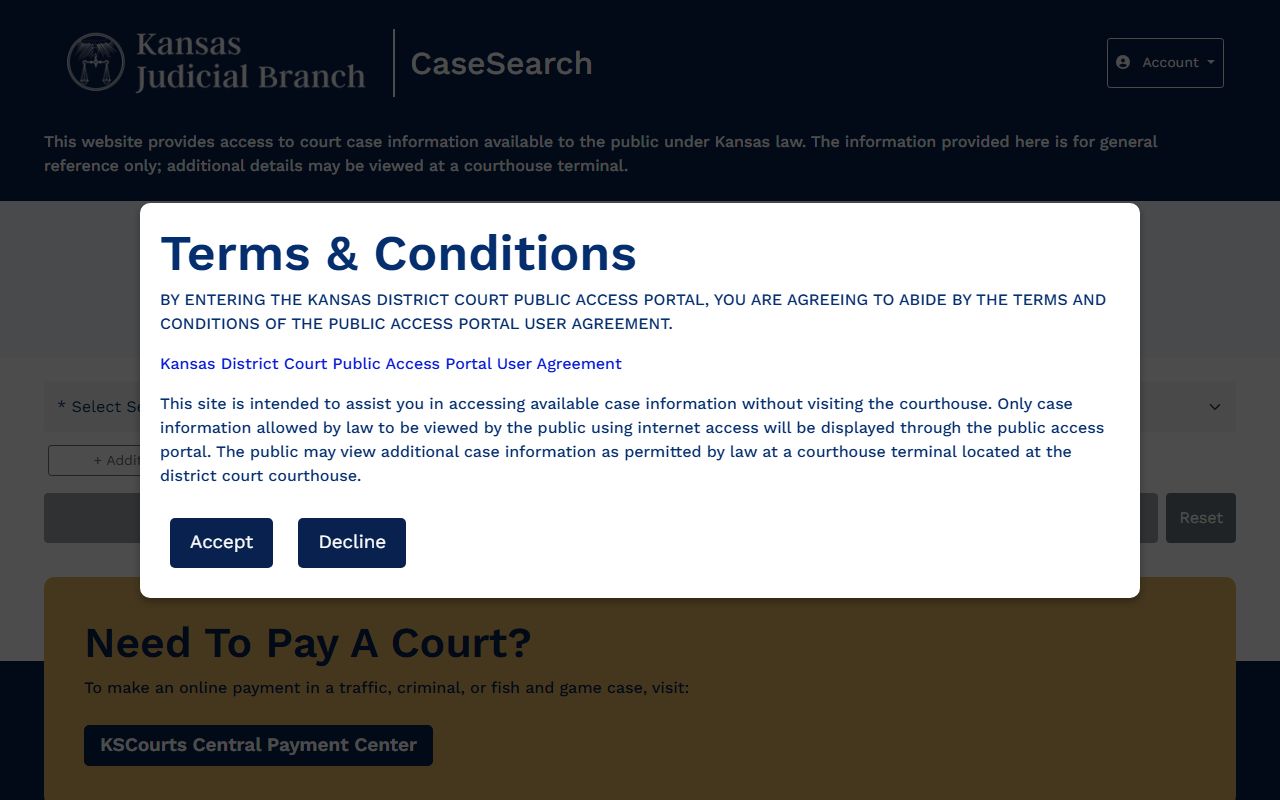 Kansas CaseSearch portal for Neosho County court records after a jail arrest